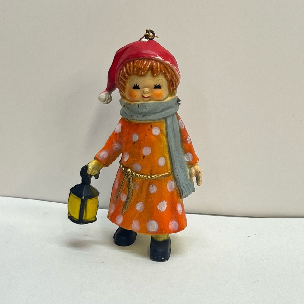 vintage hong kong plastic christmas‎ ornament girl with lantern kitschy